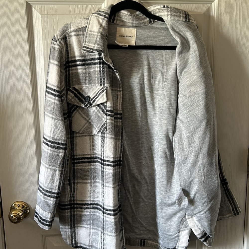 Thread and Supply Grey Plaid Shacket Jersey Lining | Flannel Jacket Shirt Size M - Picture 9 of 10